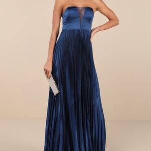 Lulus Perfected Elegance Navy Blue Satin Pleated Strapless Maxi Dress - Size XS